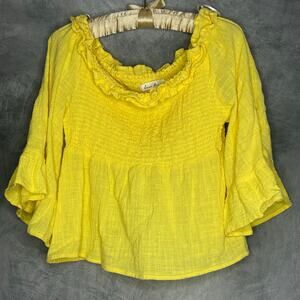 Love Tree Top Women Lg Babydoll Yellow Cotton Flare Sleeve Boho Hippie Peasant